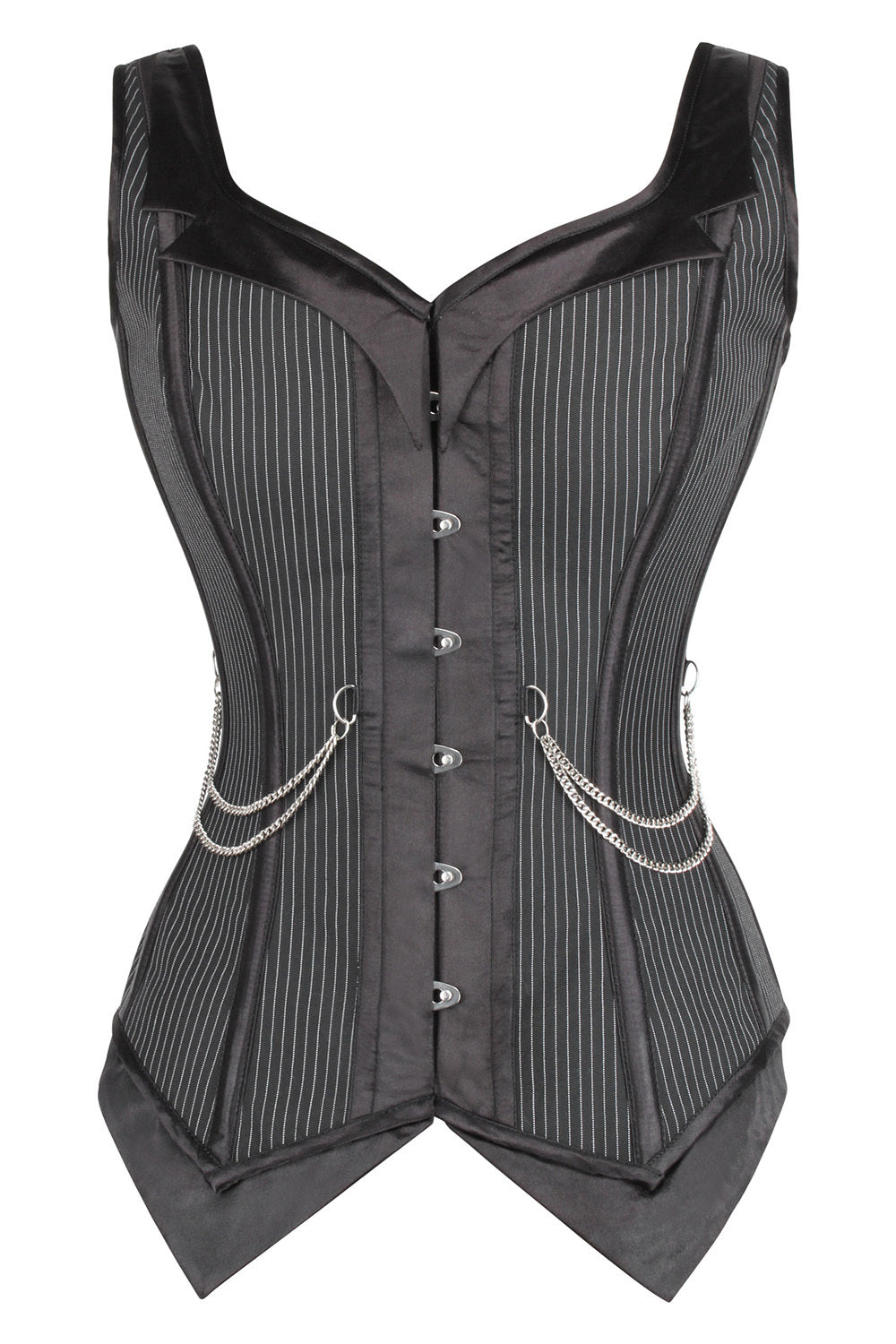 Black Pinstripe Laquisha Overbust Corset with Chain Detail
