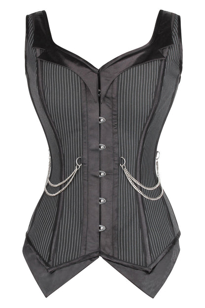 Black Pinstripe Laquisha Overbust Corset with Chain Detail