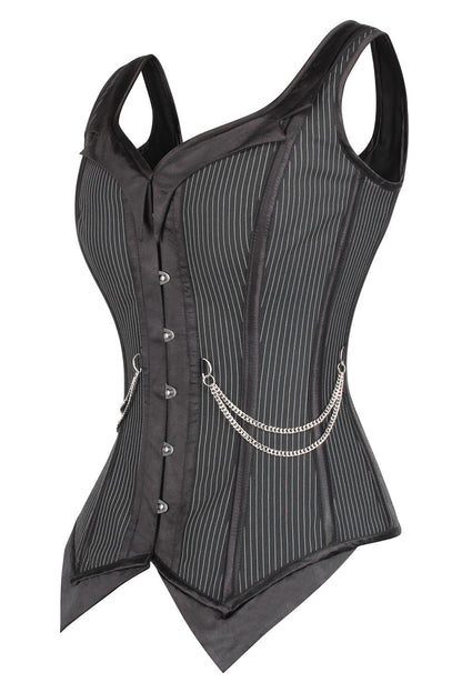 Black Pinstripe Laquisha Overbust Corset with Chain Detail