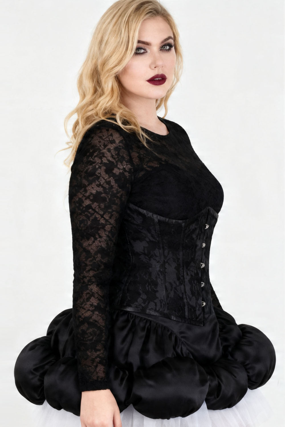 Yasmine Midnight Black Satin with Lace Overlay Underbust Corset